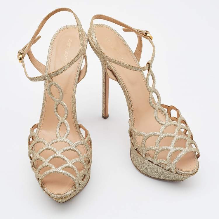 Pre Owned Sergio Rossi Gold Glitter Leather Laser Cut Out Platform Sandals Size 40