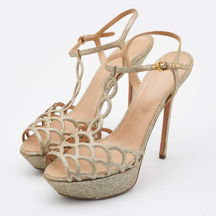 Pre Owned Sergio Rossi Gold Glitter Leather Laser Cut Out Platform Sandals Size 40
