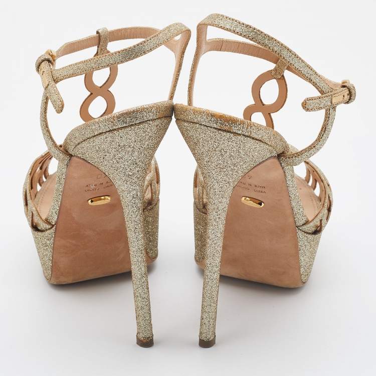 Pre Owned Sergio Rossi Gold Glitter Leather Laser Cut Out Platform Sandals Size 40