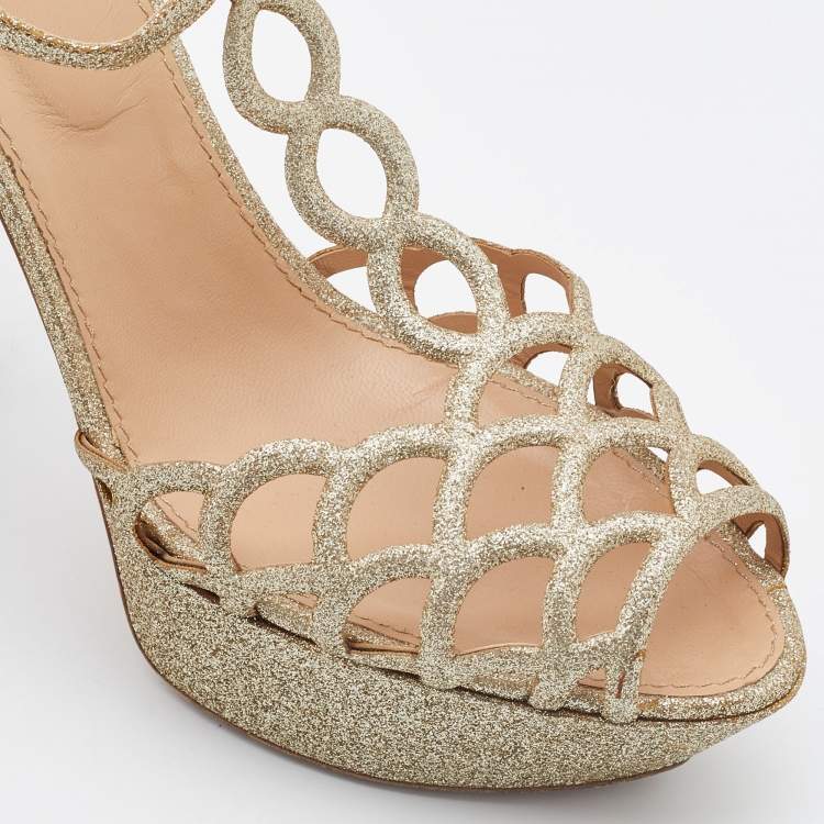 Pre Owned Sergio Rossi Gold Glitter Leather Laser Cut Out Platform Sandals Size 40