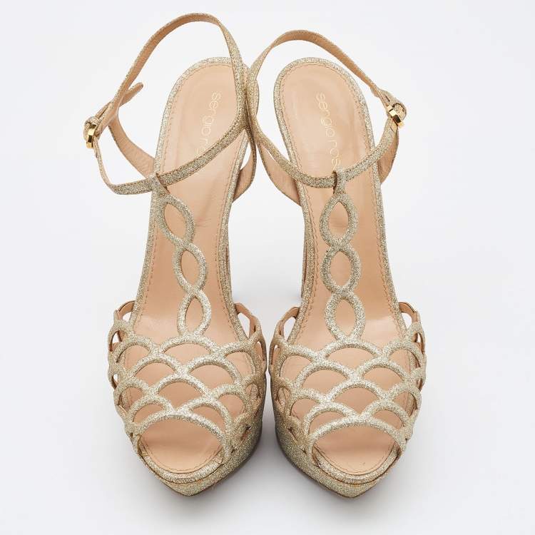 Pre Owned Sergio Rossi Gold Glitter Leather Laser Cut Out Platform Sandals Size 40