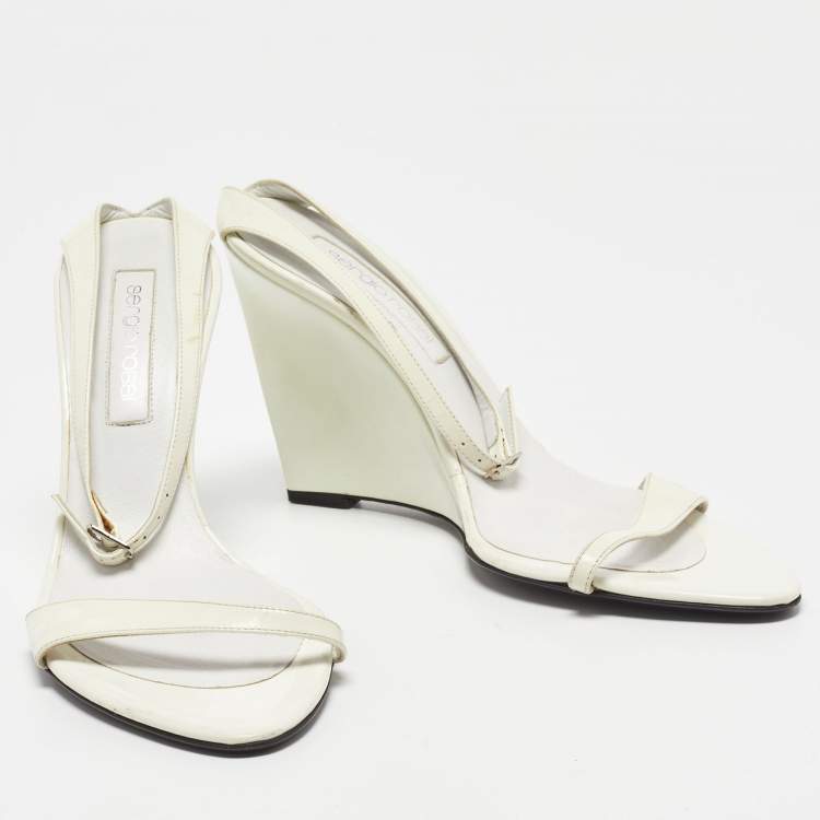 Pre Owned Sergio Rossi White Patent Leather Wedge Sandals Size 39.5