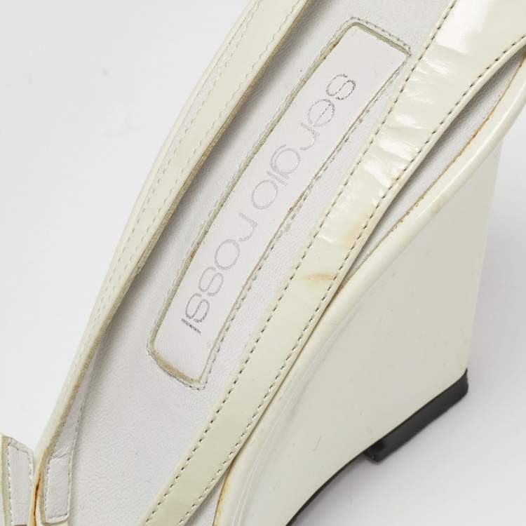 Pre Owned Sergio Rossi White Patent Leather Wedge Sandals Size 39.5