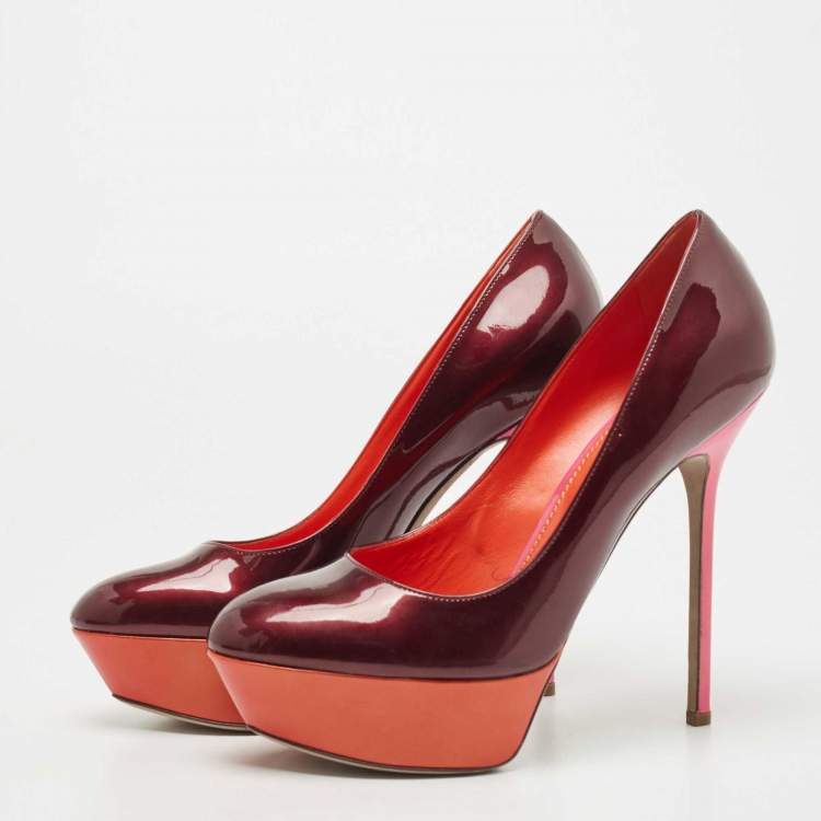 Pre Owned Sergio Rossi Burgundy Patent Leather Platform Pumps Size 39.5