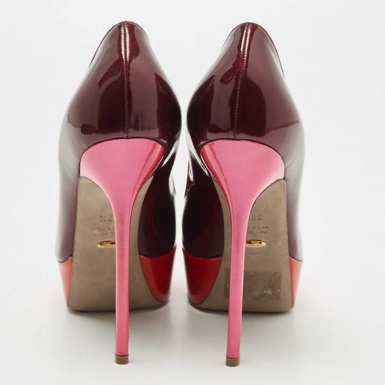 Pre Owned Sergio Rossi Burgundy Patent Leather Platform Pumps Size 39.5