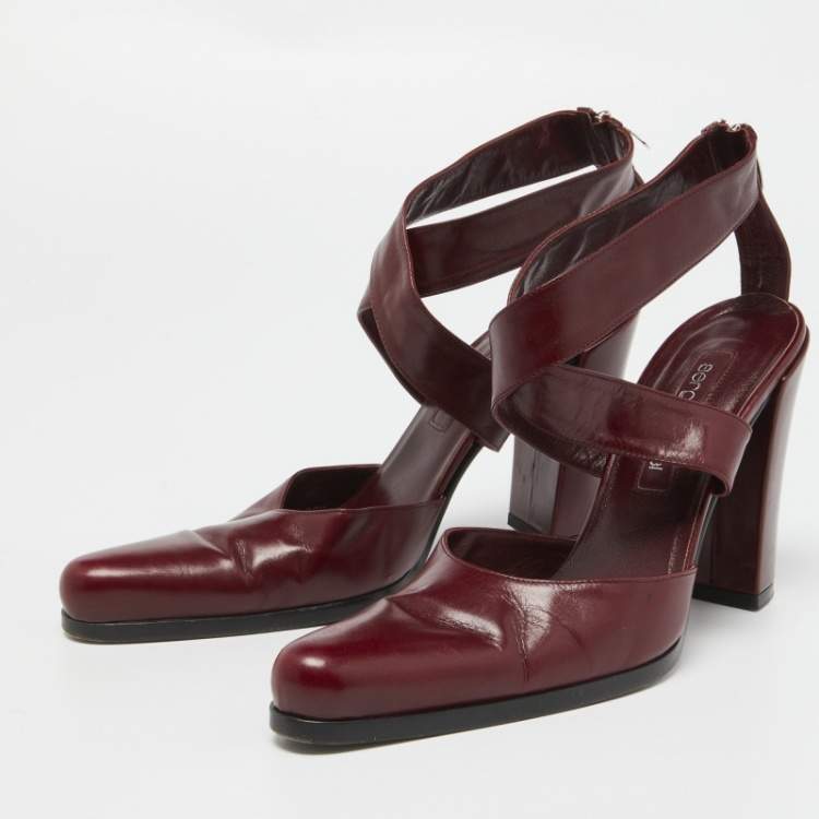 مملوكة مسبقًا Sergio Rossi Burgundy Leather Cross Ankle Strap Pumps Size 38.5