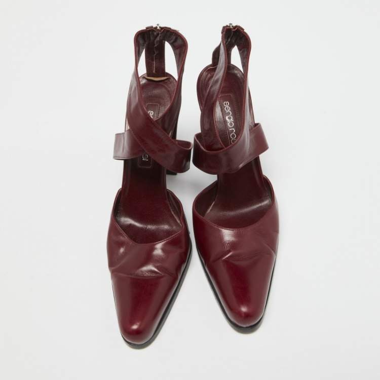 مملوكة مسبقًا Sergio Rossi Burgundy Leather Cross Ankle Strap Pumps Size 38.5