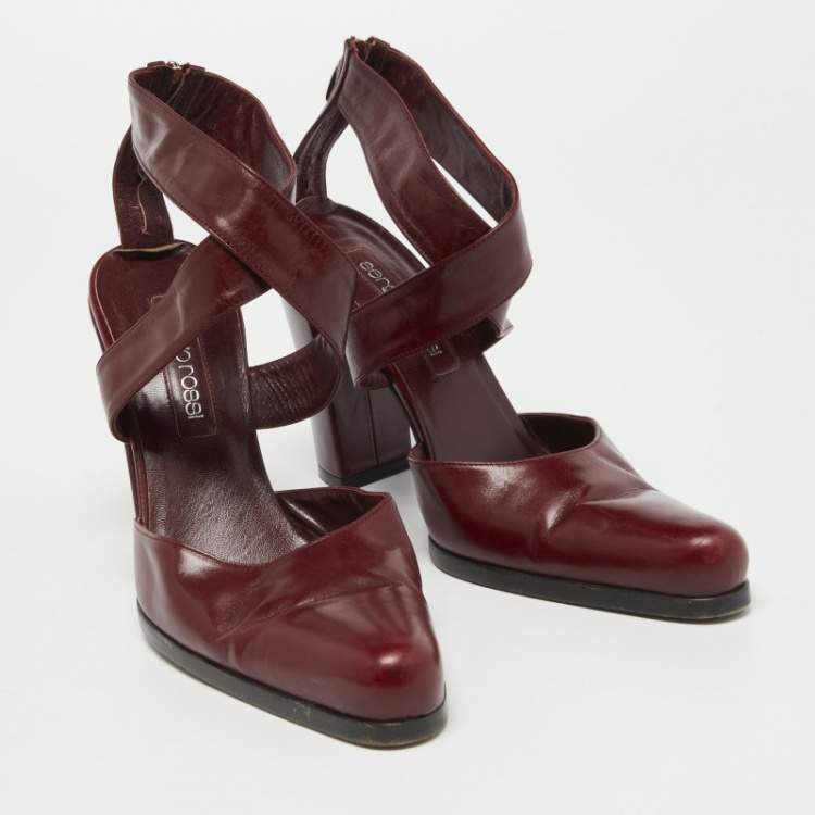 مملوكة مسبقًا Sergio Rossi Burgundy Leather Cross Ankle Strap Pumps Size 38.5