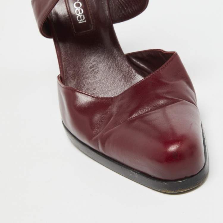 مملوكة مسبقًا Sergio Rossi Burgundy Leather Cross Ankle Strap Pumps Size 38.5