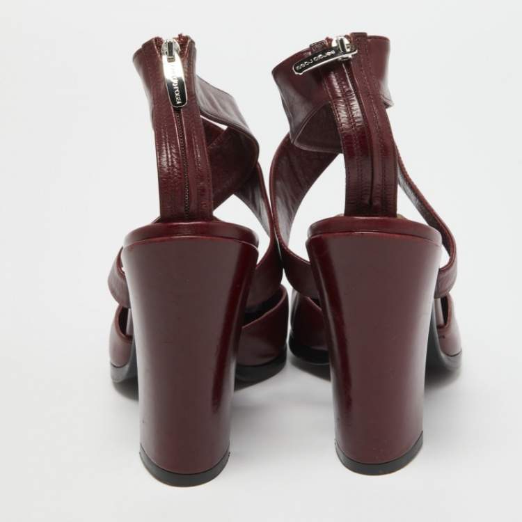 مملوكة مسبقًا Sergio Rossi Burgundy Leather Cross Ankle Strap Pumps Size 38.5