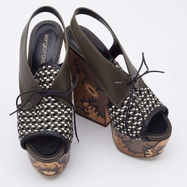 Pre Owned Sergio Rossi Multicolor Woven Leather Wedge Lace Up Sandals Size 38