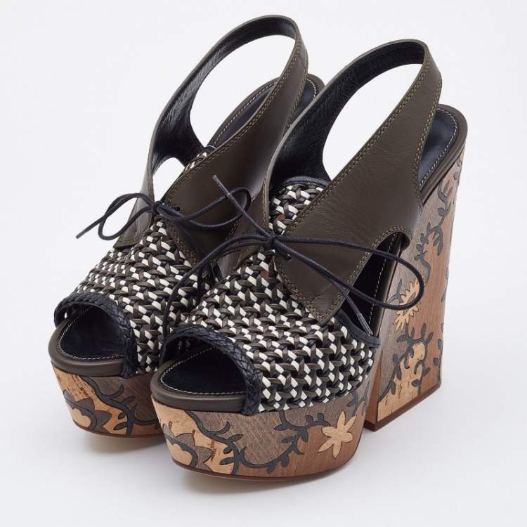 Pre Owned Sergio Rossi Multicolor Woven Leather Wedge Lace Up Sandals Size 38