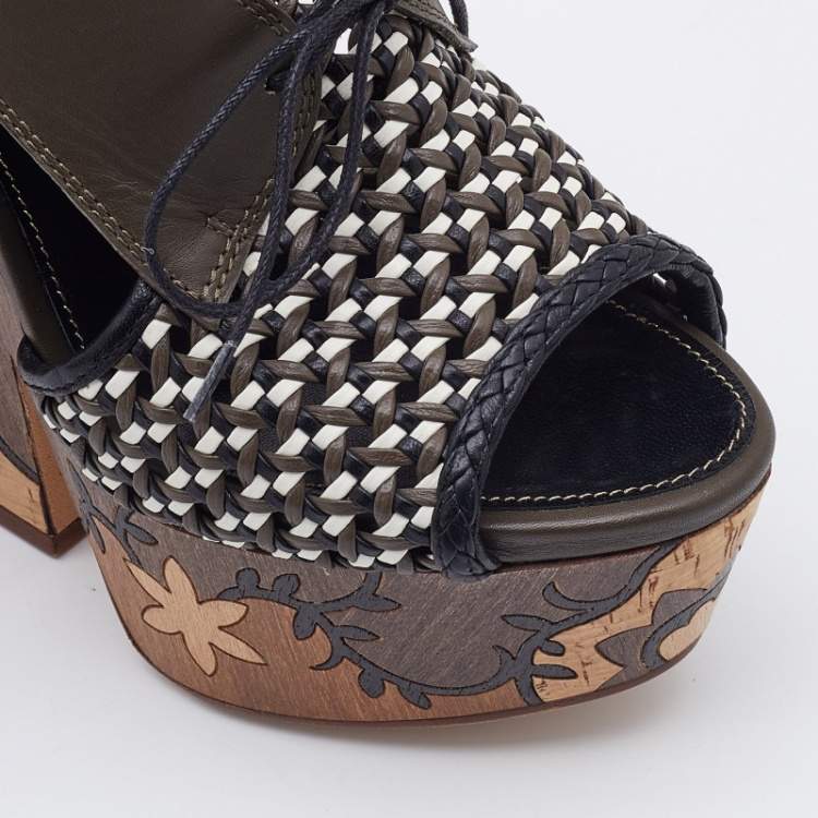 Pre Owned Sergio Rossi Multicolor Woven Leather Wedge Lace Up Sandals Size 38