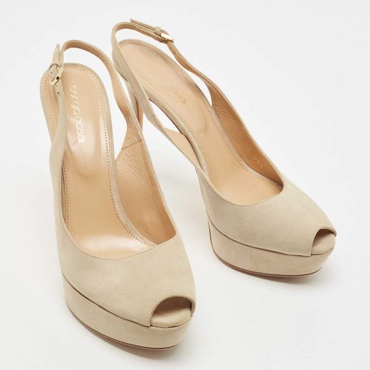 Pre Owned Sergio Rossi Light Grey Suede Platform Slingback Sandals Size 39.5