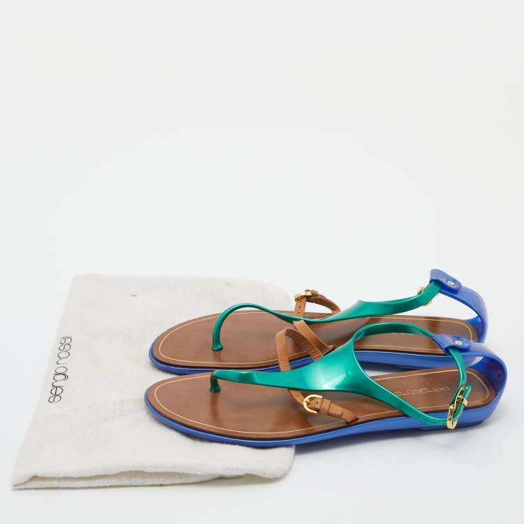 Pre Owned Sergio Rossi Tricolor Leather and Rubber T-Strap Flat Sandals Size 36