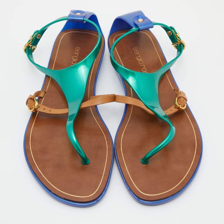 Pre Owned Sergio Rossi Tricolor Leather and Rubber T-Strap Flat Sandals Size 36
