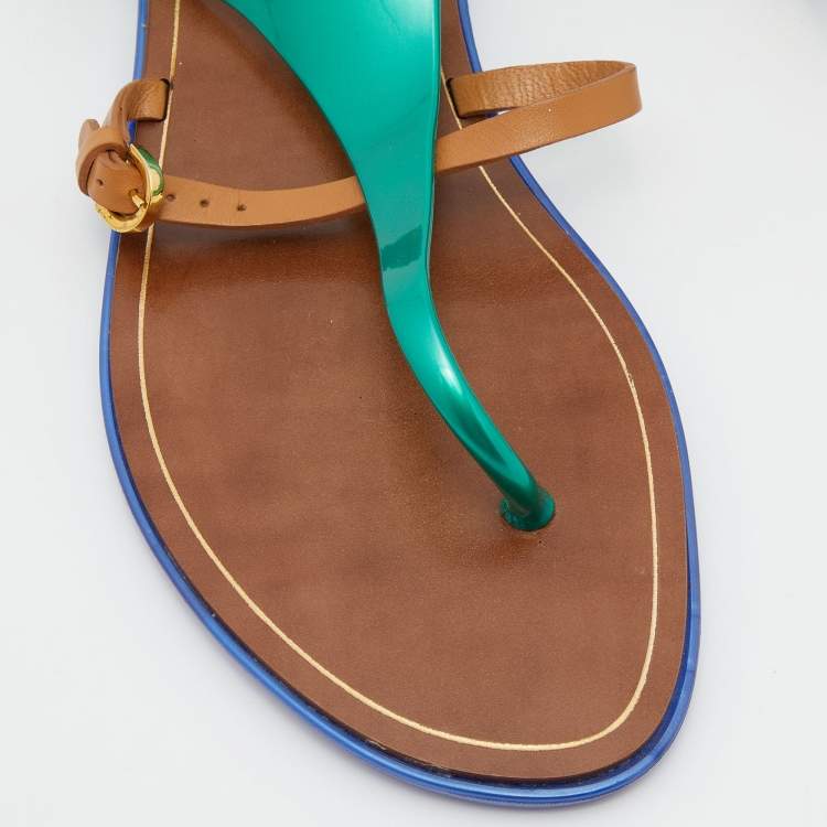 Pre Owned Sergio Rossi Tricolor Leather and Rubber T-Strap Flat Sandals Size 36