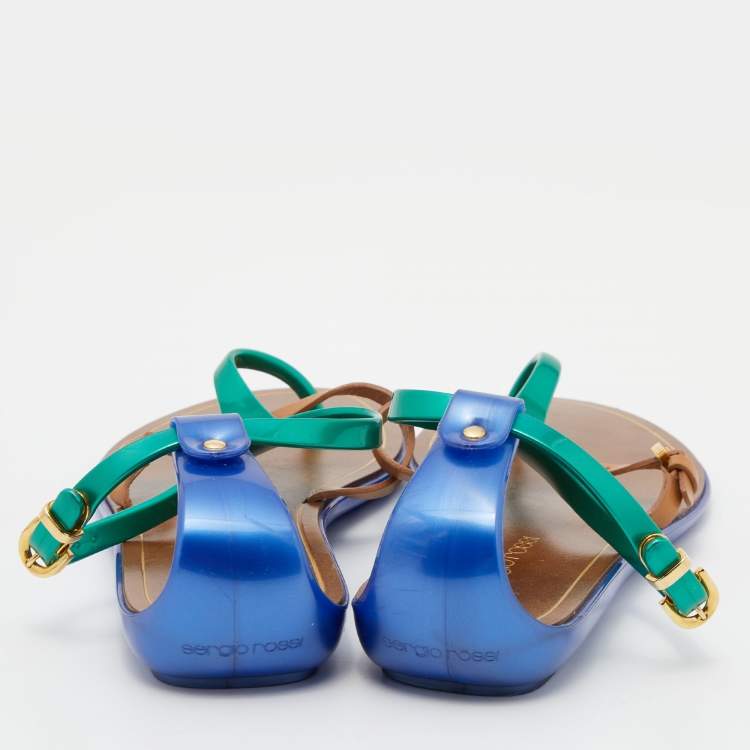Pre Owned Sergio Rossi Tricolor Leather and Rubber T-Strap Flat Sandals Size 36