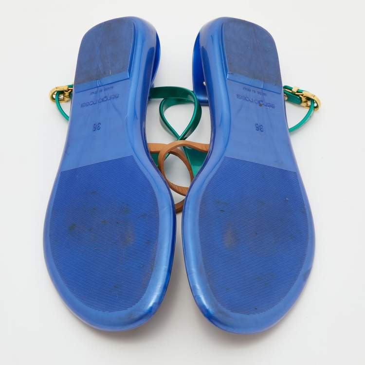 Pre Owned Sergio Rossi Tricolor Leather and Rubber T-Strap Flat Sandals Size 36