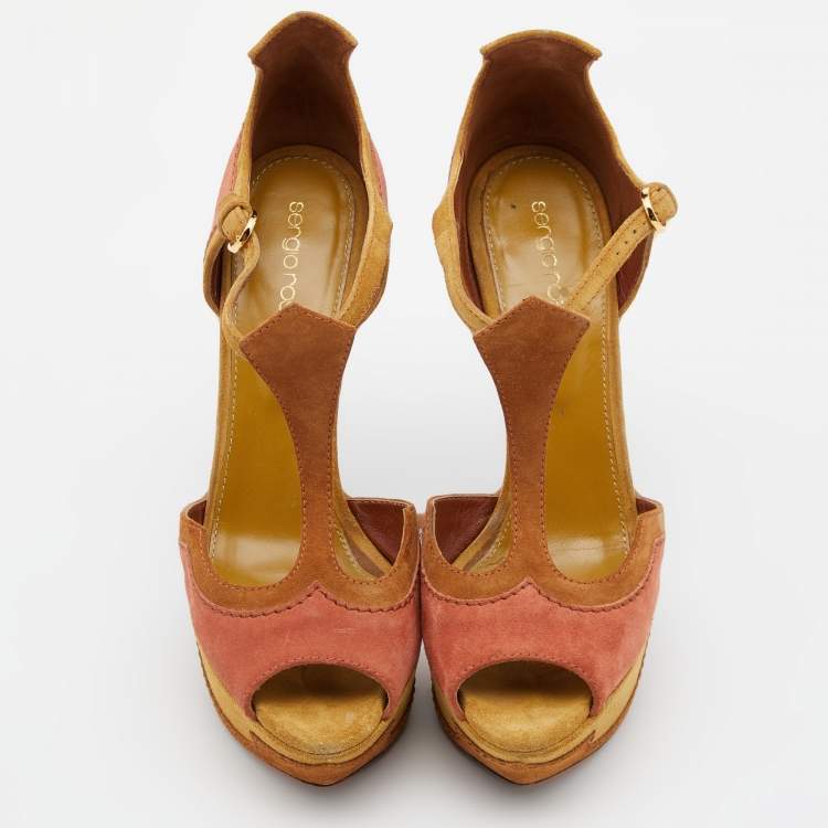 Pre Owned Sergio Rossi Tri Color Suede Ankle Strap Platform Sandals Size 38.5