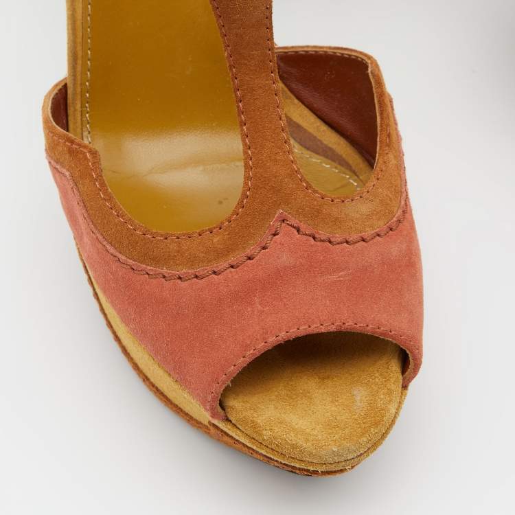 Pre Owned Sergio Rossi Tri Color Suede Ankle Strap Platform Sandals Size 38.5