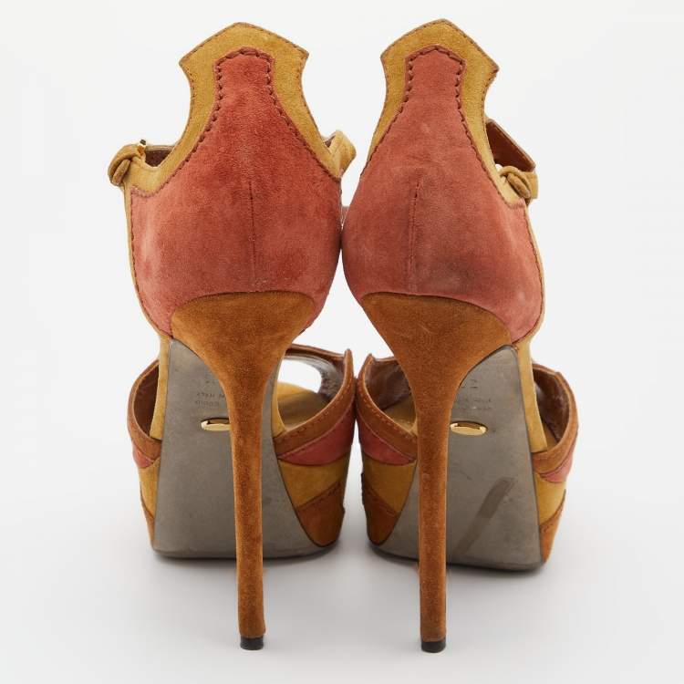 Pre Owned Sergio Rossi Tri Color Suede Ankle Strap Platform Sandals Size 38.5