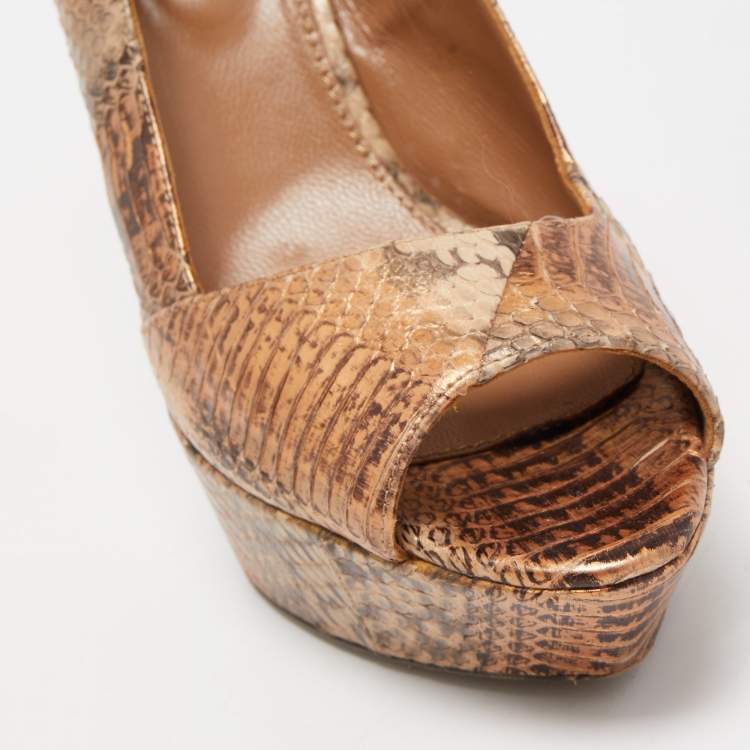 مملوكة مسبقًا Sergio Rossi Tow Tone Watersnake Peep Toe Platform Slingback Pumps Size 40