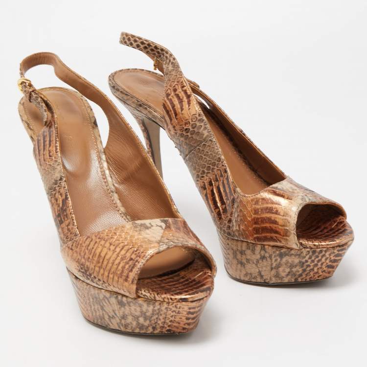 مملوكة مسبقًا Sergio Rossi Tow Tone Watersnake Peep Toe Platform Slingback Pumps Size 40