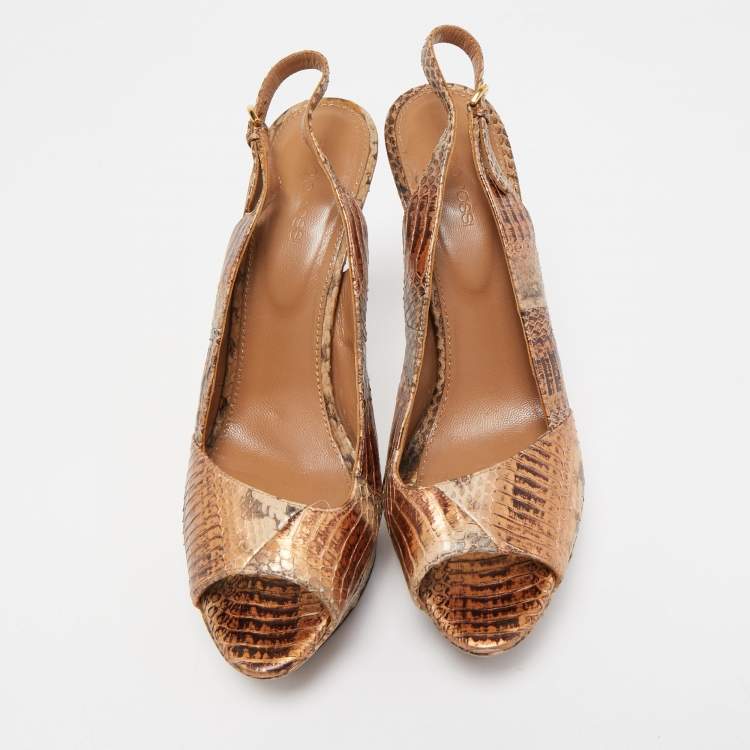 مملوكة مسبقًا Sergio Rossi Tow Tone Watersnake Peep Toe Platform Slingback Pumps Size 40