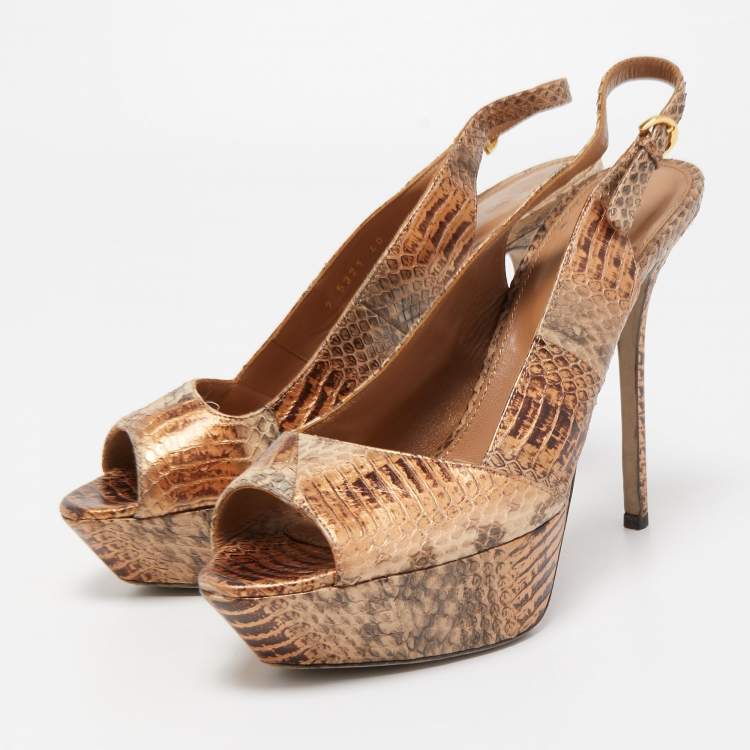 مملوكة مسبقًا Sergio Rossi Tow Tone Watersnake Peep Toe Platform Slingback Pumps Size 40