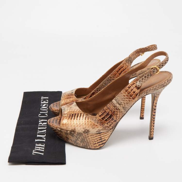 مملوكة مسبقًا Sergio Rossi Tow Tone Watersnake Peep Toe Platform Slingback Pumps Size 40