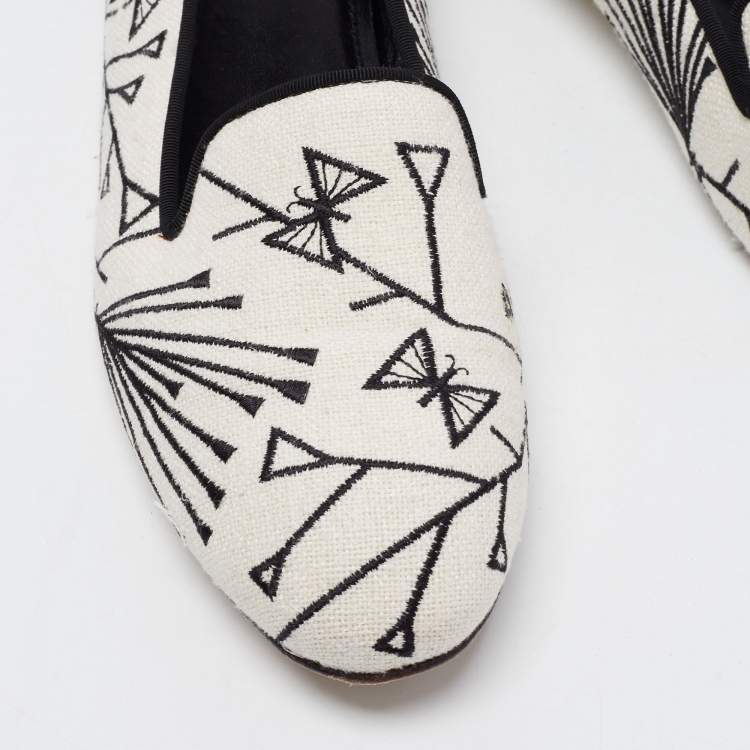 Pre Owned Sergio Rossi White/Black Canvas Embroidered Smoking Slippers Size 39.5
