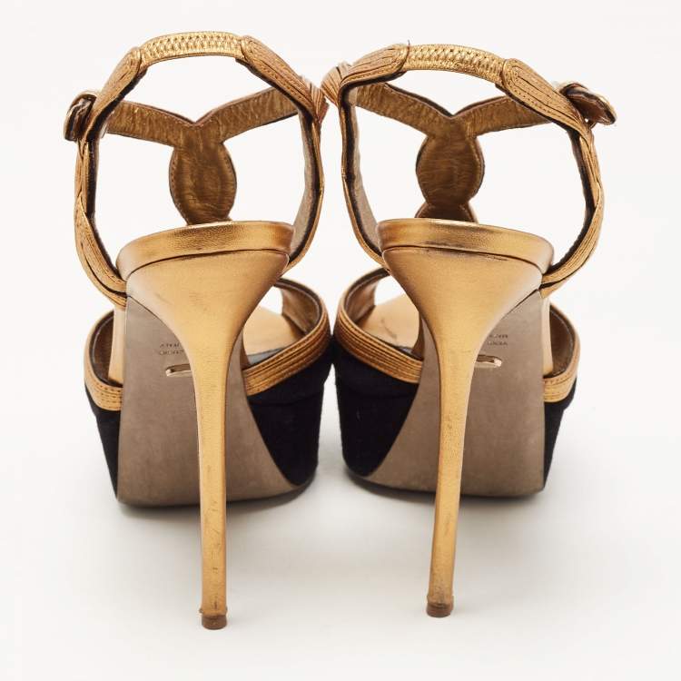Pre Owned Sergio Rossi Gold/Black Suede and Leather Platform Ankle Strap Sandals Size 41