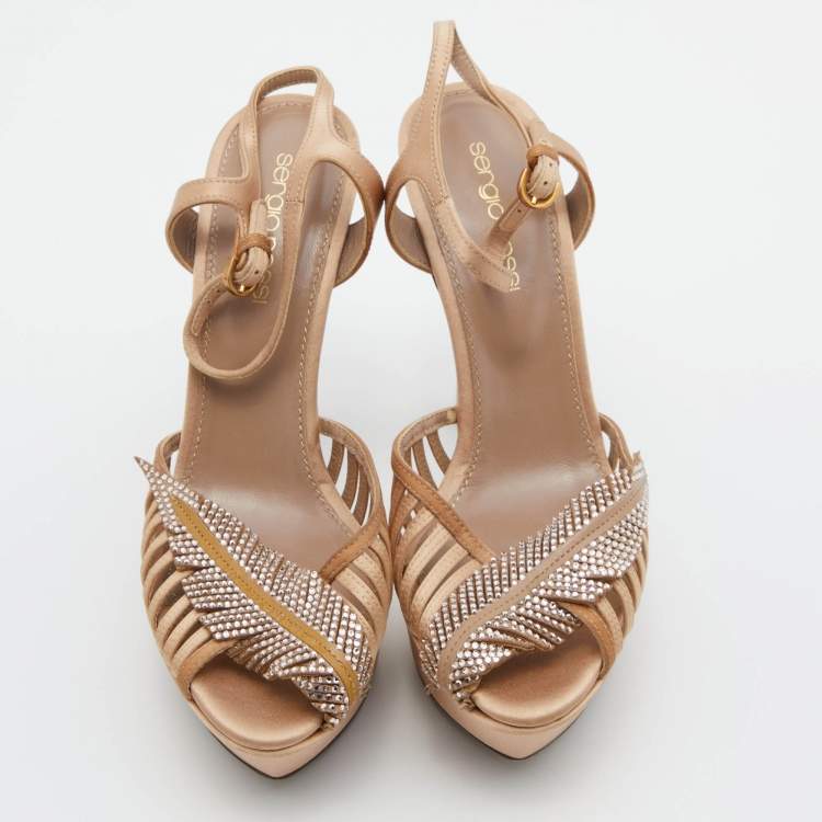 Pre Owned Sergio Rossi Light Brown Satin Crystal Embellished Ankle Strap Sandals Size 35.5