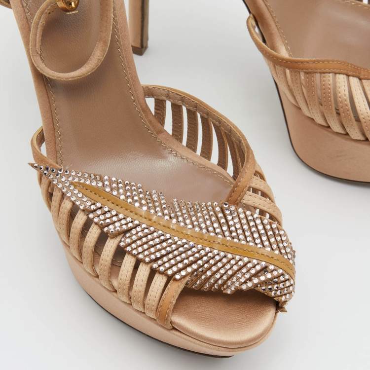 Pre Owned Sergio Rossi Light Brown Satin Crystal Embellished Ankle Strap Sandals Size 35.5