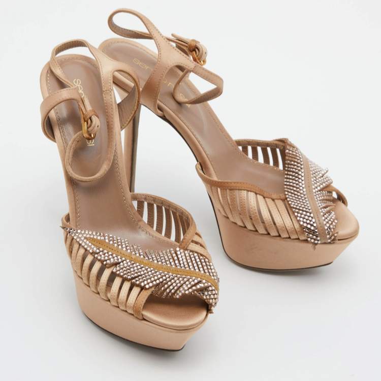 Pre Owned Sergio Rossi Light Brown Satin Crystal Embellished Ankle Strap Sandals Size 35.5