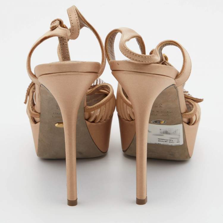 Pre Owned Sergio Rossi Light Brown Satin Crystal Embellished Ankle Strap Sandals Size 35.5