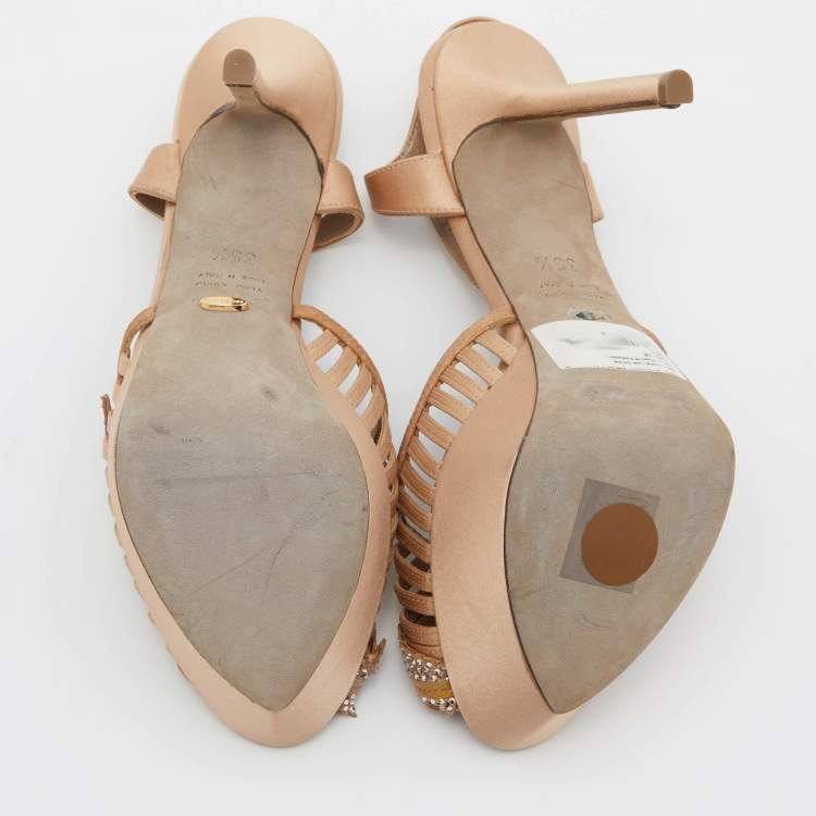 Pre Owned Sergio Rossi Light Brown Satin Crystal Embellished Ankle Strap Sandals Size 35.5