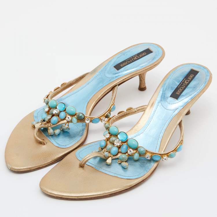 Pre Owned Sergio Rossi Gold Leather Crystal Embellished Slide Sandals Size 38.5