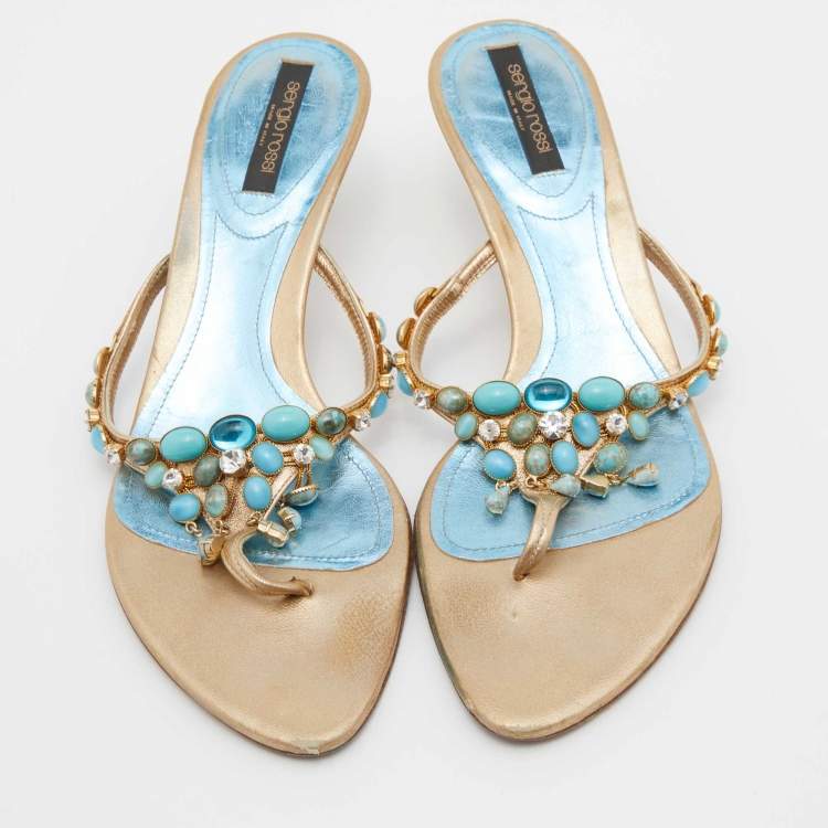 Pre Owned Sergio Rossi Gold Leather Crystal Embellished Slide Sandals Size 38.5