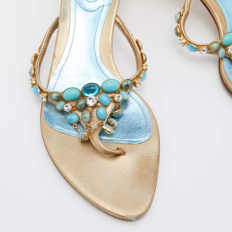 Pre Owned Sergio Rossi Gold Leather Crystal Embellished Slide Sandals Size 38.5