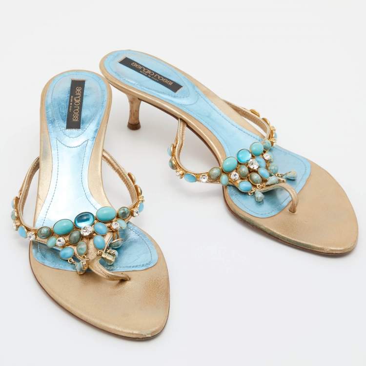 Pre Owned Sergio Rossi Gold Leather Crystal Embellished Slide Sandals Size 38.5