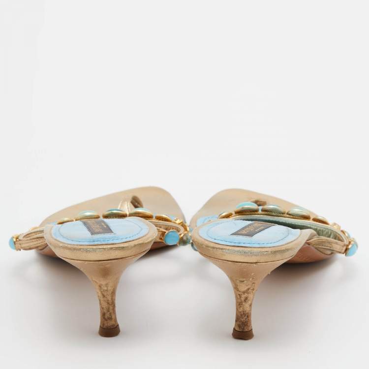 Pre Owned Sergio Rossi Gold Leather Crystal Embellished Slide Sandals Size 38.5