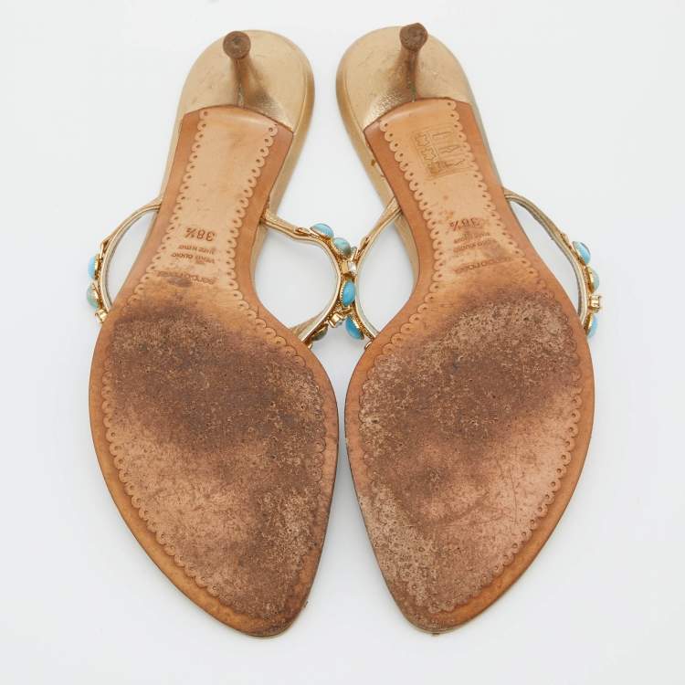 Pre Owned Sergio Rossi Gold Leather Crystal Embellished Slide Sandals Size 38.5