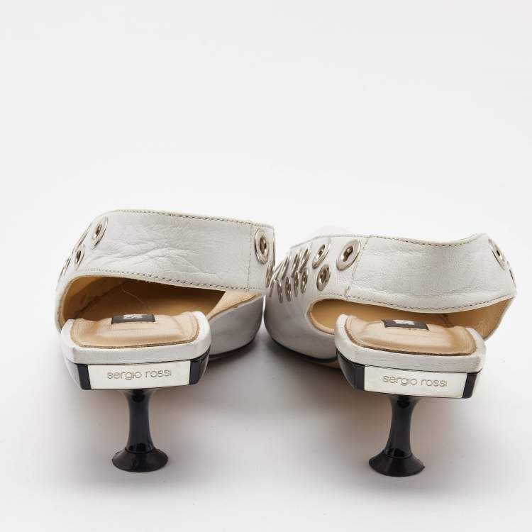 Pre Owned Sergio Rossi White Leather Eyelet Embellished Slingback Pumps Size 36