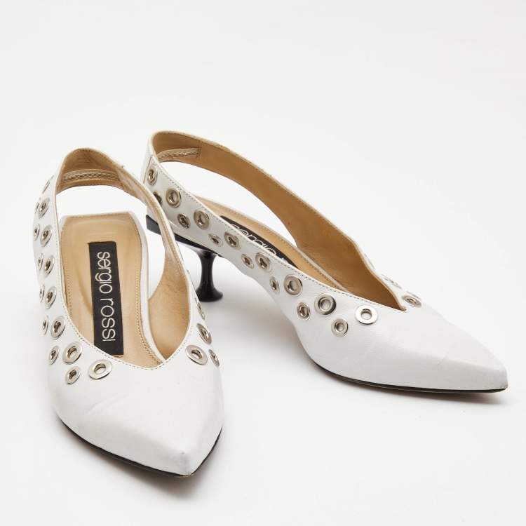 Pre Owned Sergio Rossi White Leather Eyelet Embellished Slingback Pumps Size 36