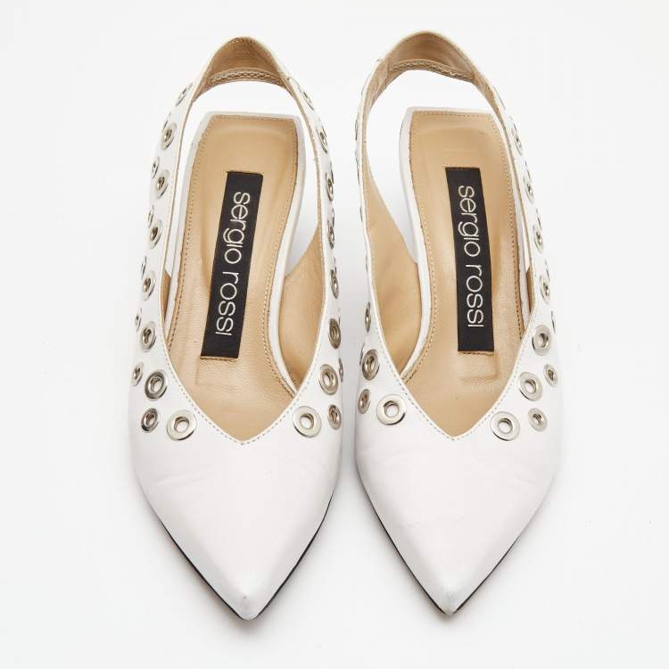 Pre Owned Sergio Rossi White Leather Eyelet Embellished Slingback Pumps Size 36