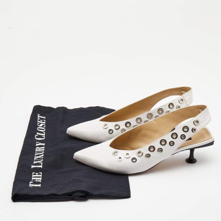 Pre Owned Sergio Rossi White Leather Eyelet Embellished Slingback Pumps Size 36