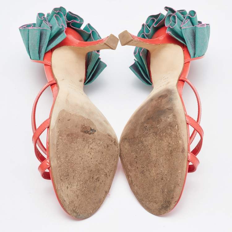 مملوكة مسبقًا Sergio Rossi Coral/Green Patent Leather Strappy Sandals Size 39