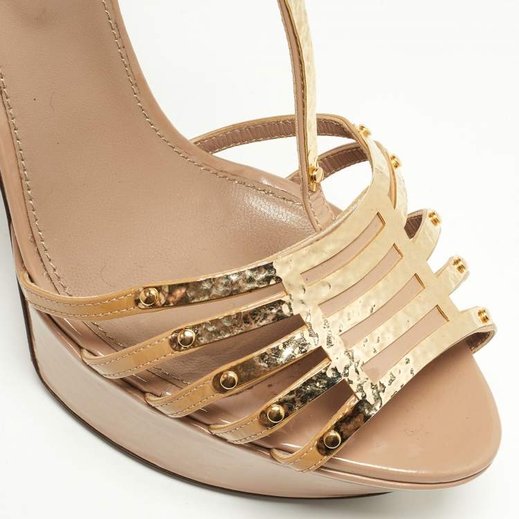 Pre Owned Sergio Rossi Beige Patent Leather Strappy Platform Sandals Size 40